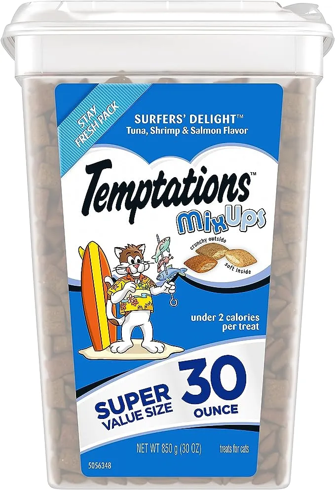 TEMPTATIONS MixUps Crunchy and Soft Cat Treats, Surfer's Delight Flavor, 30 oz. Tub