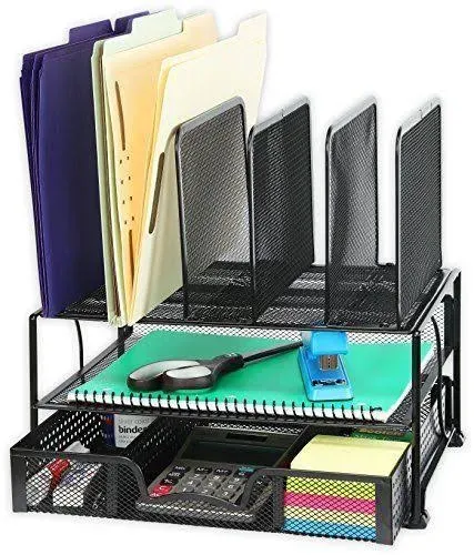 SimpleHouseware Mesh Desk Organizer with Sliding Drawer, Double Tray and 5 Black