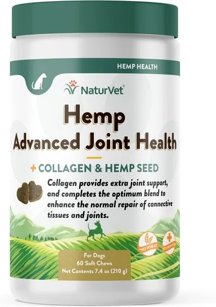 NaturVet Hemp Advanced Joint Health Dog Supplement Plus Hemp Seed – Helps Support Joint Health in Dogs – Includes, Collagen, Glucosamine, MSM, Chondroitin, Omegas – 60 Ct.