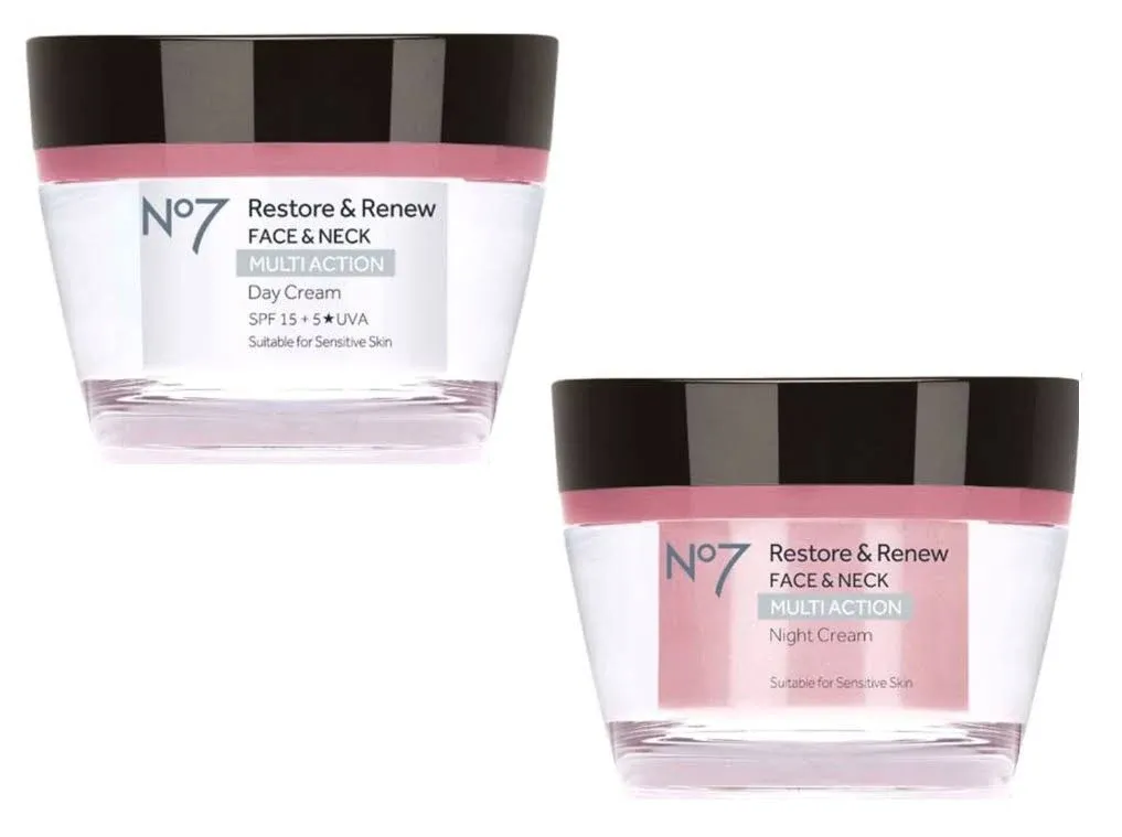 No7 Restore & Renew Face & Neck Multi Action Skincare System - SPF 30 Face Moisturizer & Anti-Aging Facial Serum For Deep Wrinkle Repair + Hydrating Night Cream with Hyaluronic Acid - (3 Piece Kit)