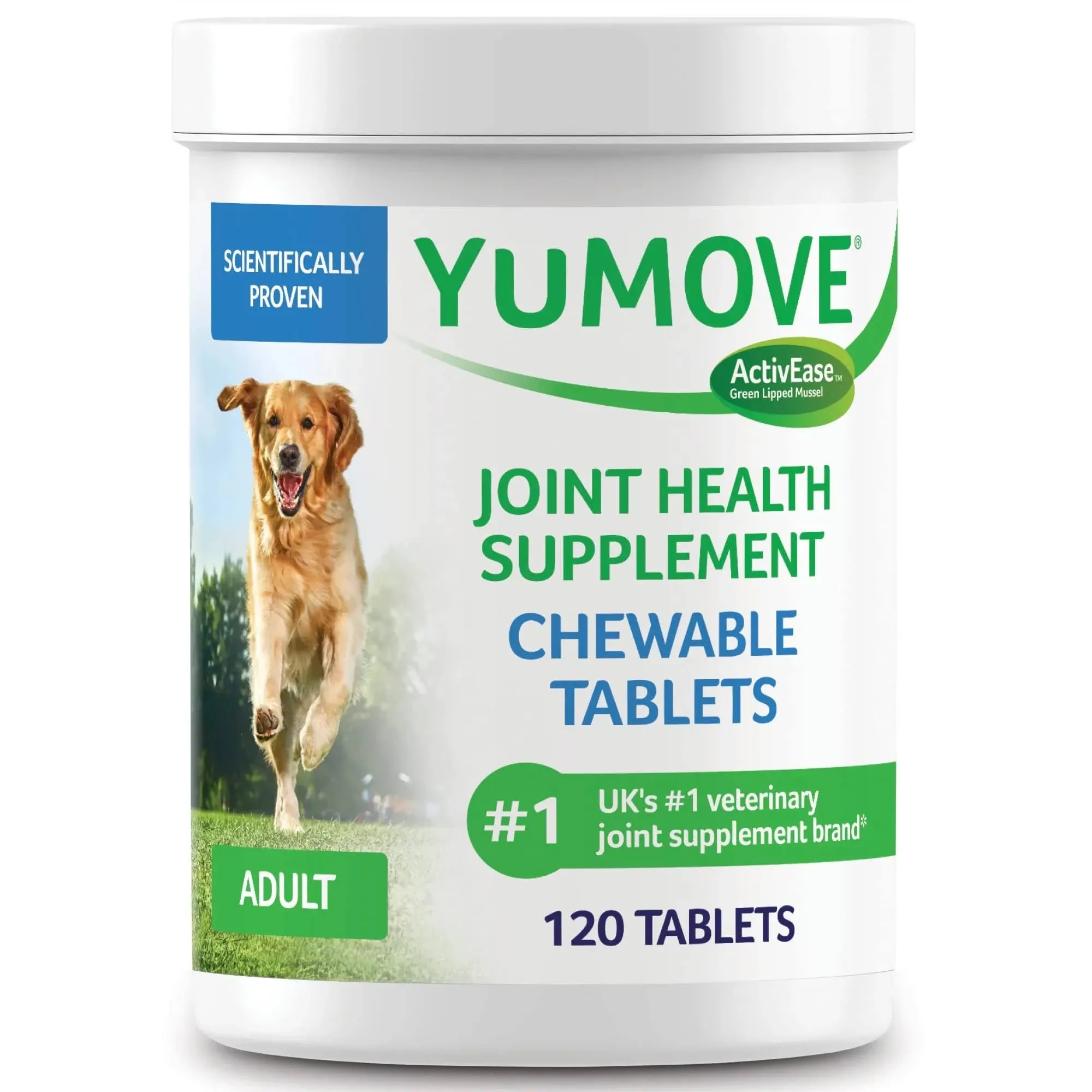 YuMOVE Adult Dog Tablets | Hip and Joint Supplement for Dogs with Glucosamine, Chondroitin, Hyaluronic Acid, Green Lipped Mussel | Dogs Aged 6 to 8 | 120 Count Tablets, Treat Colored