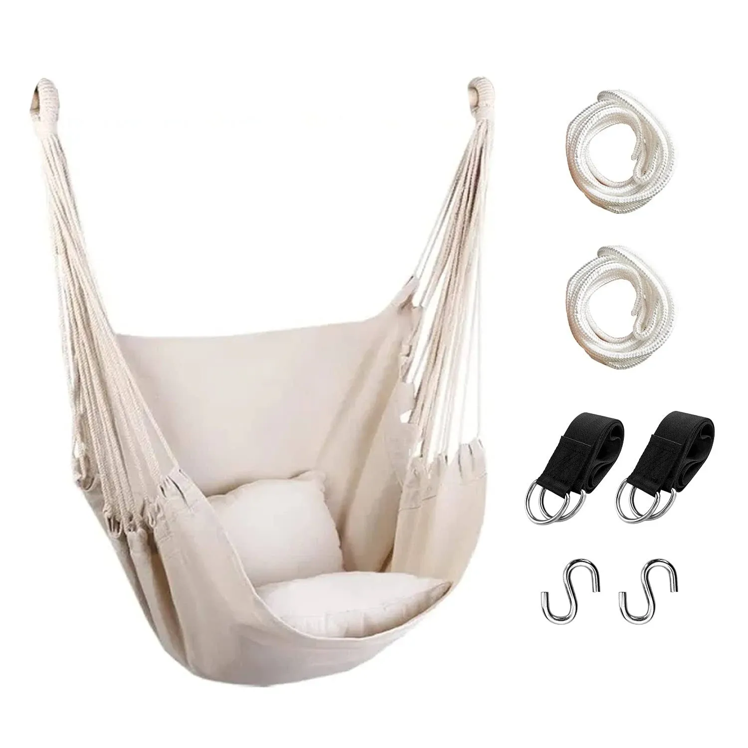 Hommtina Hammock Chair Hanging Rope Swing, Max 300 lbs Hanging Chair with Pocket- Quality Cotton Weave for Superior Comfort & Durability Perfect for