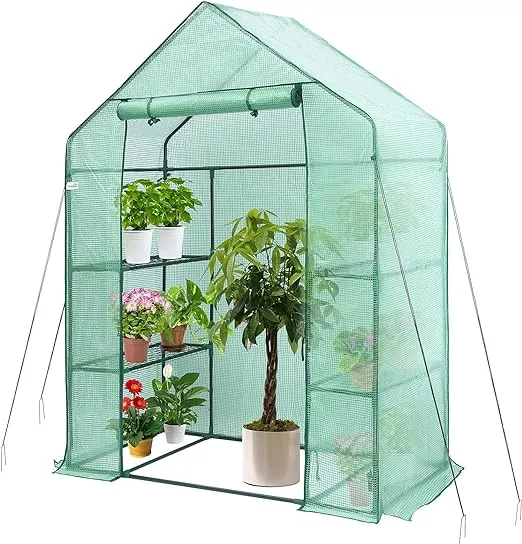 Greenhouse, Hanience Walk-in Greenhouse with Anchors and Ropes, 3 Tier 4 Wired Shelves Indoor and Outdoor Greenhouse for Garden/Patio/Backyard/Balcony, Green PE Cover Easy to Assemble