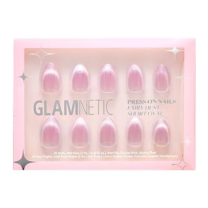 Glamnetic Press On Nails - Fairy Dust | Short Oval Beige-Pink Nails with a Mesmerizing Metallic Finish | 15 Sizes - 30 Nail Kit with Glue