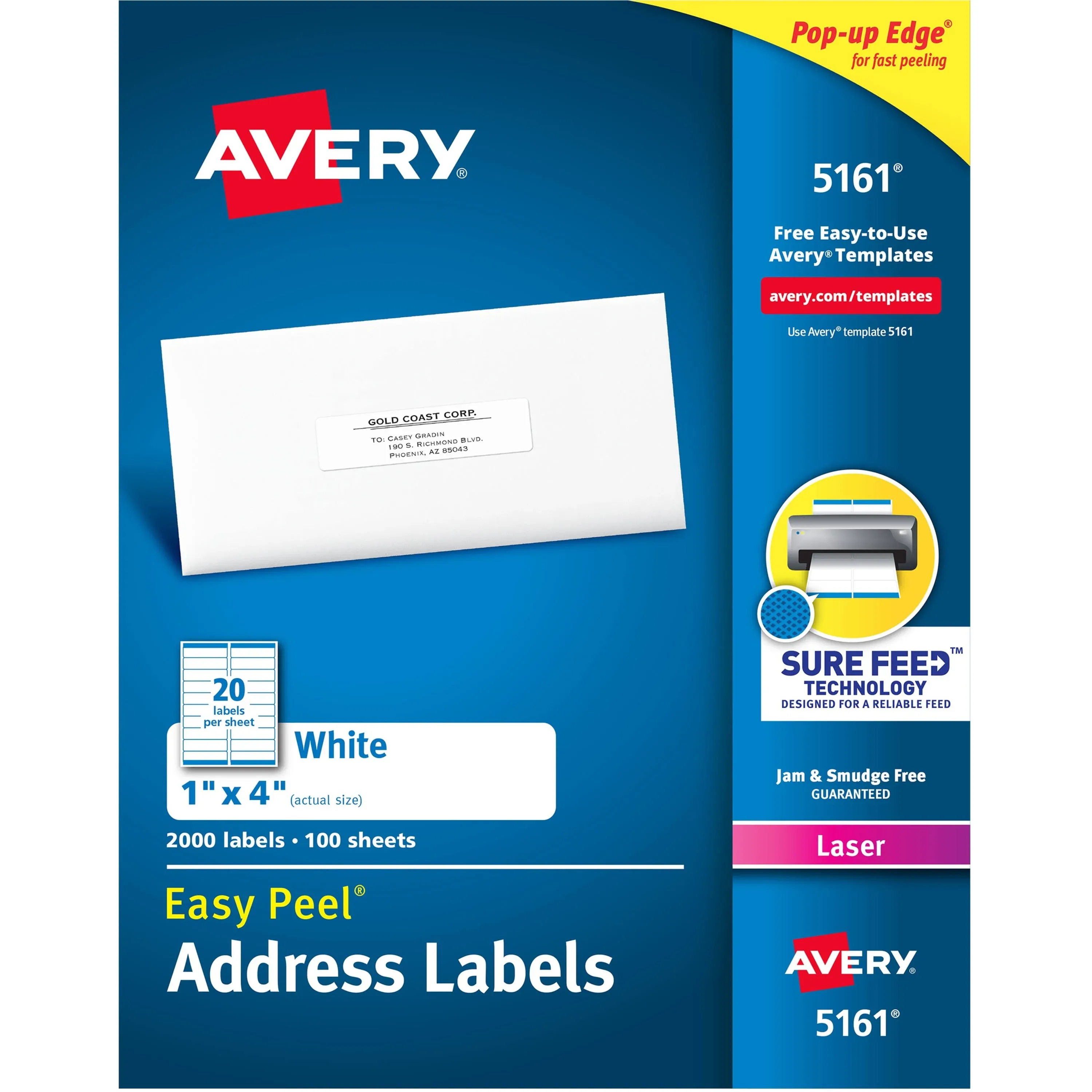 Avery® 5161 1" x 4" White Easy Peel Mailing Address Labels - 2000/Box