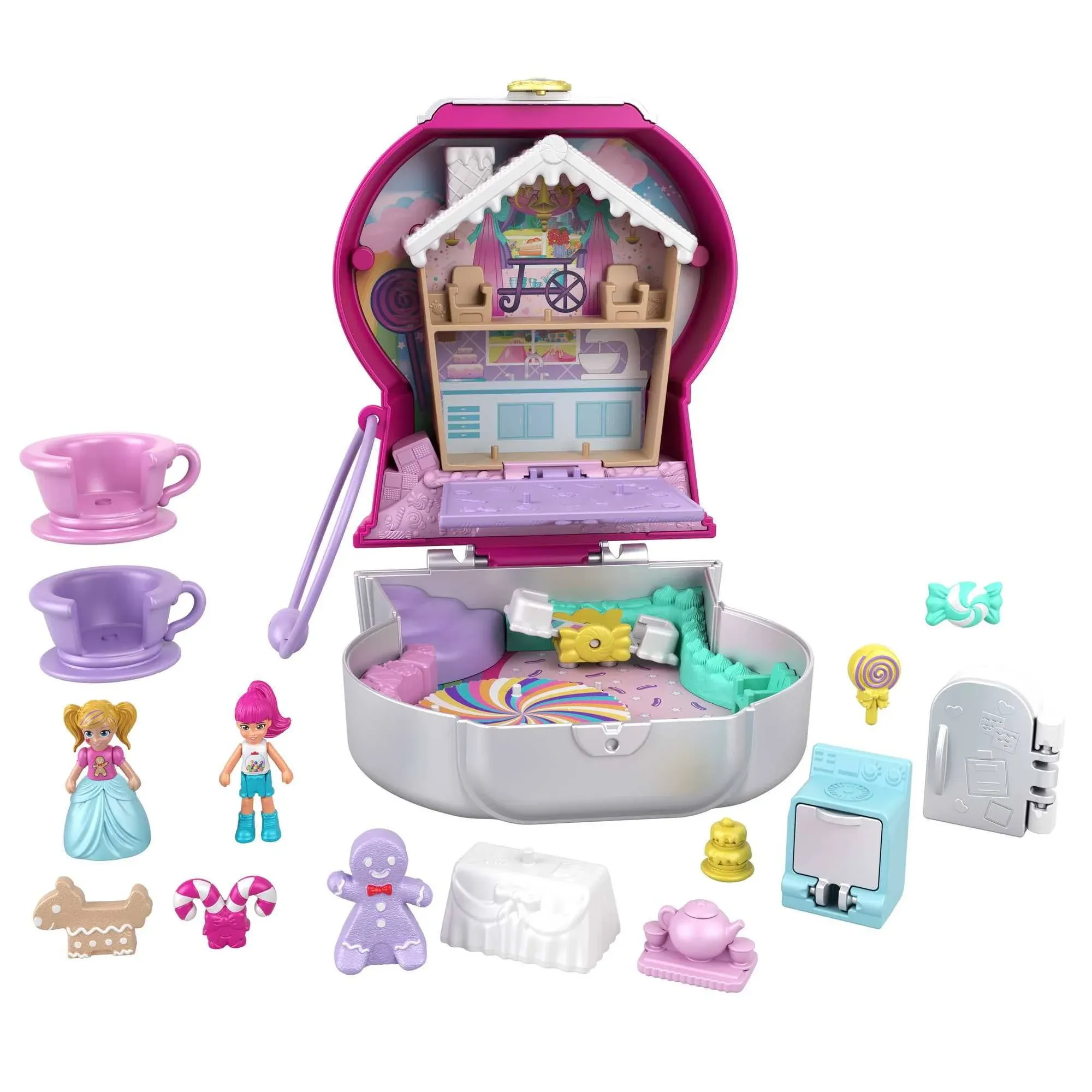 Polly Pocket Candy Cutie Gumball Compact Playset with 2 Micro Dolls & Accessories, Travel Toys