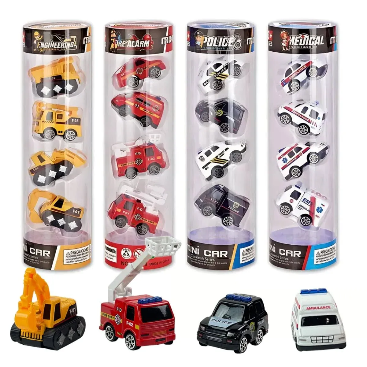 16-Piece Diecast Metal Toy Car Set - Fun Play Trucks with Police, Construction, Ambulance & Firetruck Vehicles in 4 Storage Tubes - Perfect for Party Favors & Kids