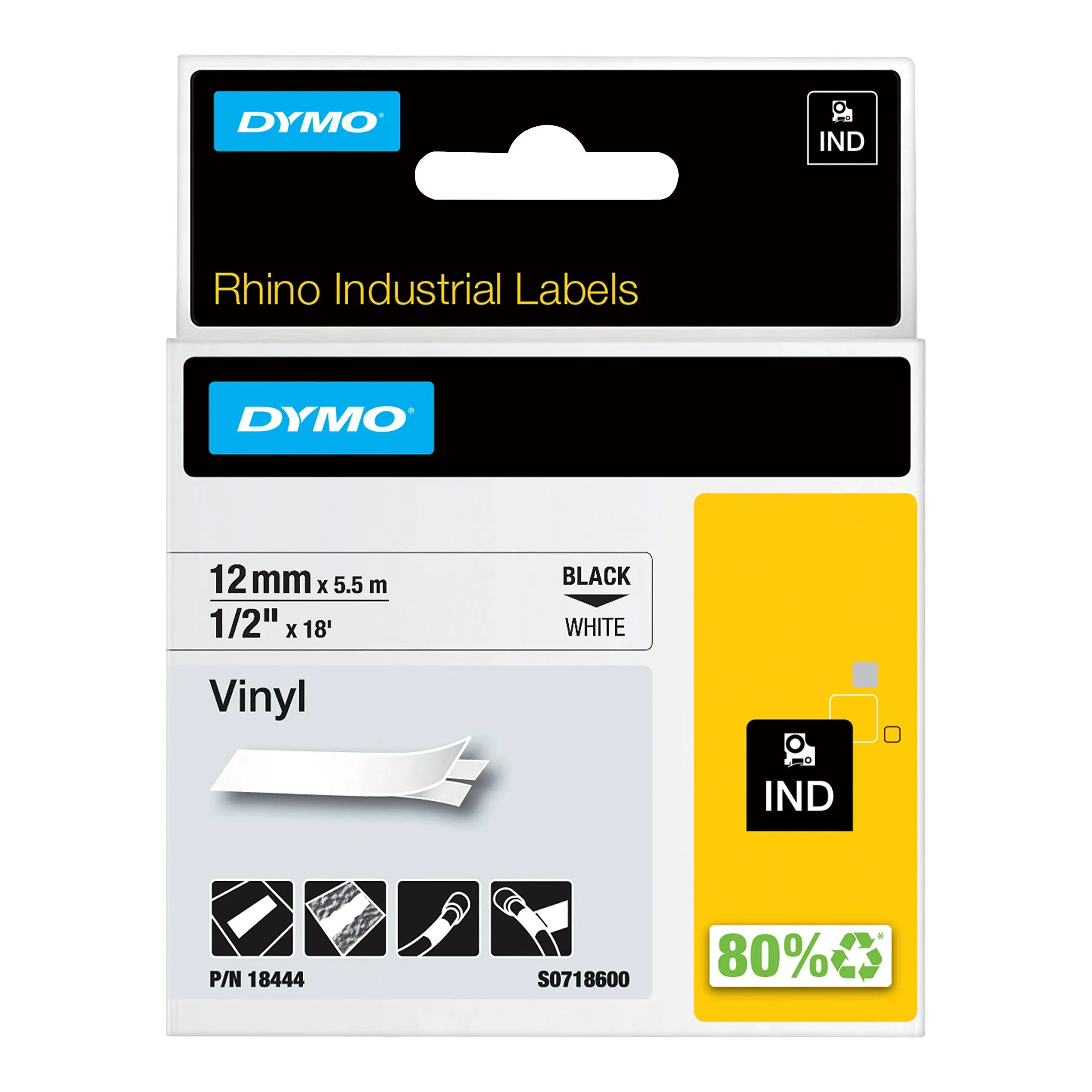 Dymo - IND Vinyl Labels 1/2" - Black on White