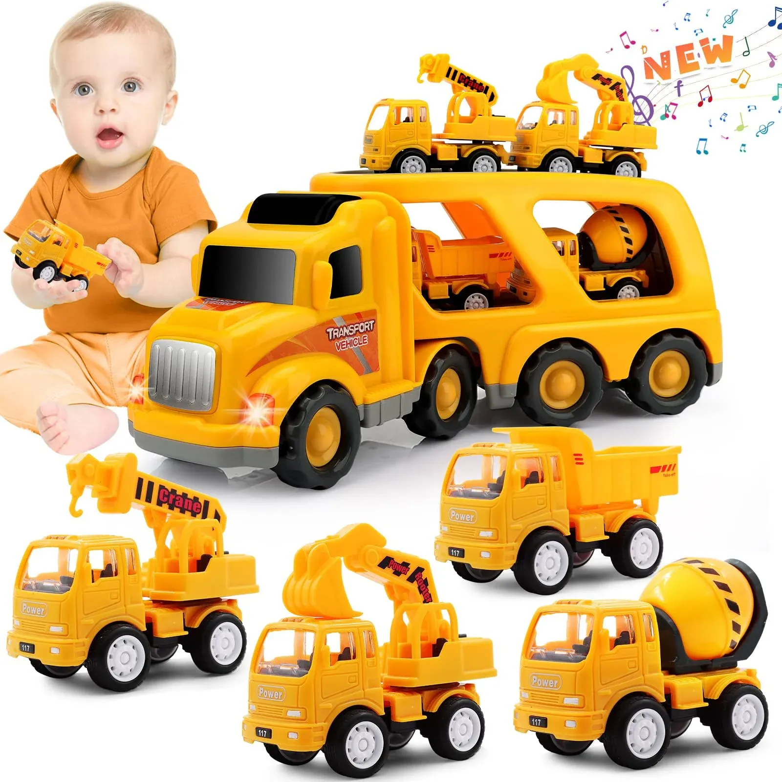 Construction Truck Toddler Toys Car: Toys for 2 3 4 Year Old Boy 5 in 1 Carrier 