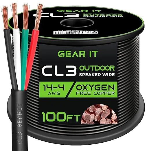 GearIT 14/4 Speaker Wire (100 Feet) 14AWG Gauge, Black 4-Conductors/Outdoor Direct Burial in Ground/in Wall / CL3 CL2 Rated - OFC Oxygen-Free Copper, Black 100ft