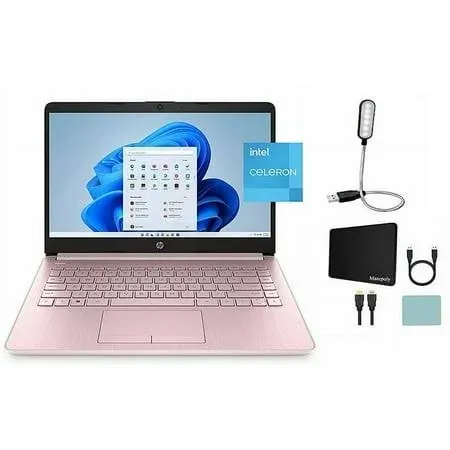 HP 2022 Stream 14" HD BrightView Laptop, Intel Celeron N4020 Processor, 8GB RAM, 64GB SSD, Intel HD Graphics, 720p Webcam, 1 Year Office 365, Pink, Win 11, 32GB Snowbell USB Card