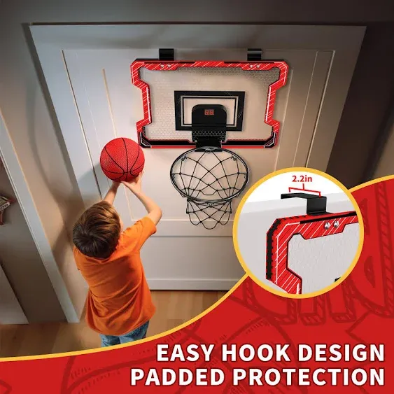 Mini Basketball Hoop Indoor with Scoreboard, Door Basketball Hoop with 3 Balls & Inflator, Basketball Toy Gifts for Kids Boys Girls Teens Adults, Suit for Bedroom/Office/Outdoor/Pool, Red