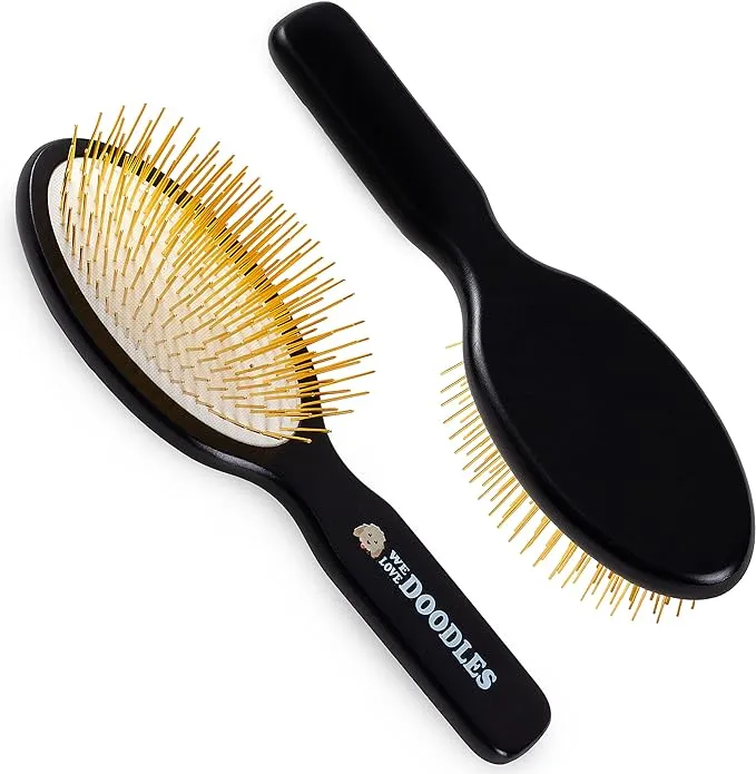 Pet Grooming Detangler Pin Dog Brush For Shedding and Removing Loose Fur, Lightweight Beech Wood with Gold Plated Pins for Long Hair [We Love Doodles]