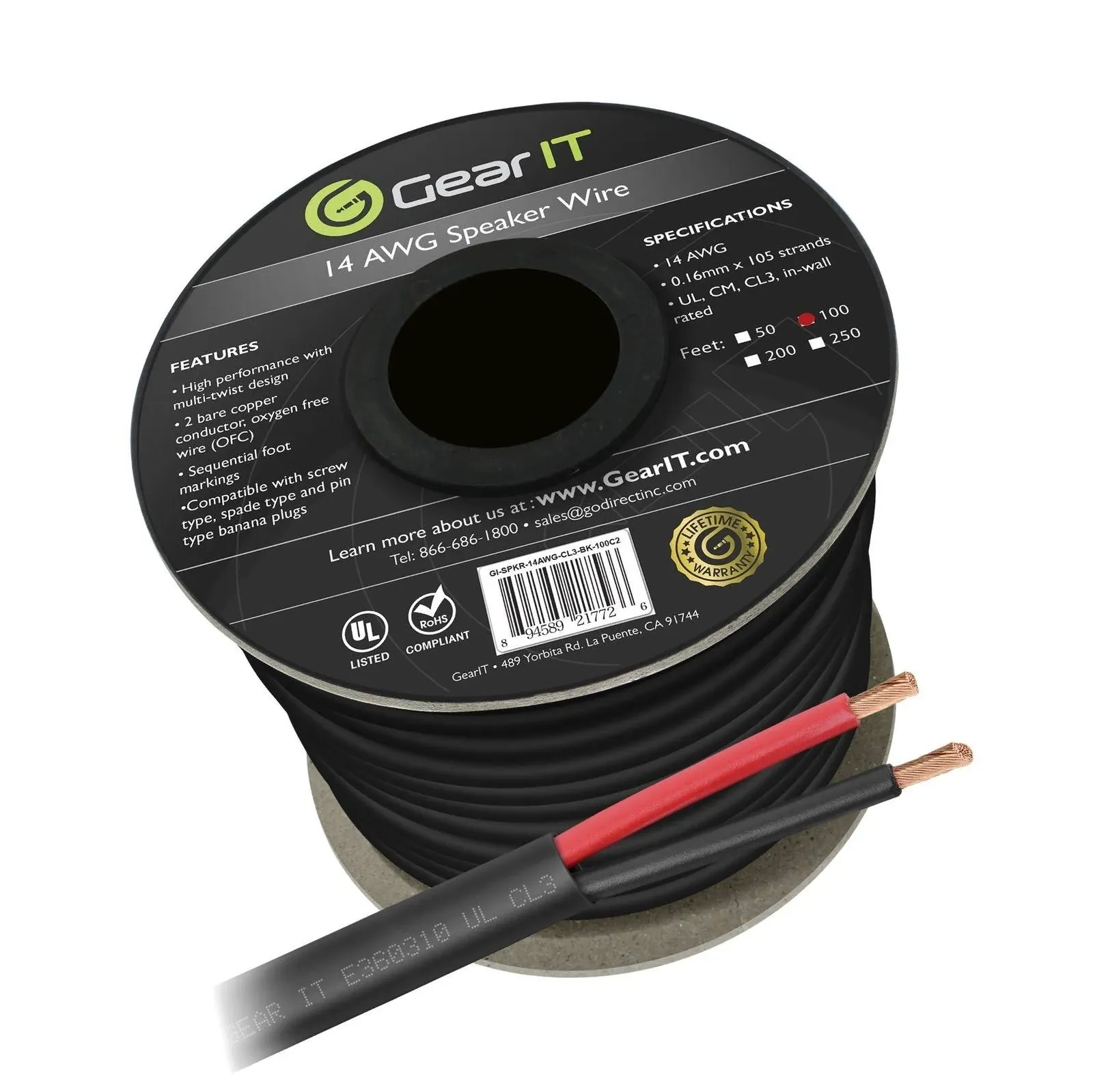  Speaker Wire 14AWG Gauge, CL3 Rated, OFC Oxygen-Free Copper, 250 Feet 14 AWG