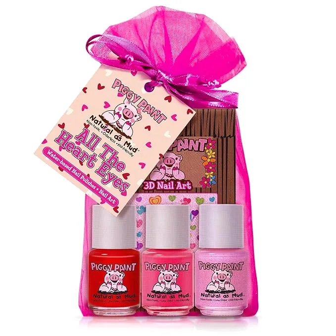 Piggy Paint | 100% Non-Toxic Girls Nail Polish | Safe, Cruelty-free, Vegan, & Low Odor for Kids | All the Heart Eyes (3 Polish + Nail Art Gift Set)