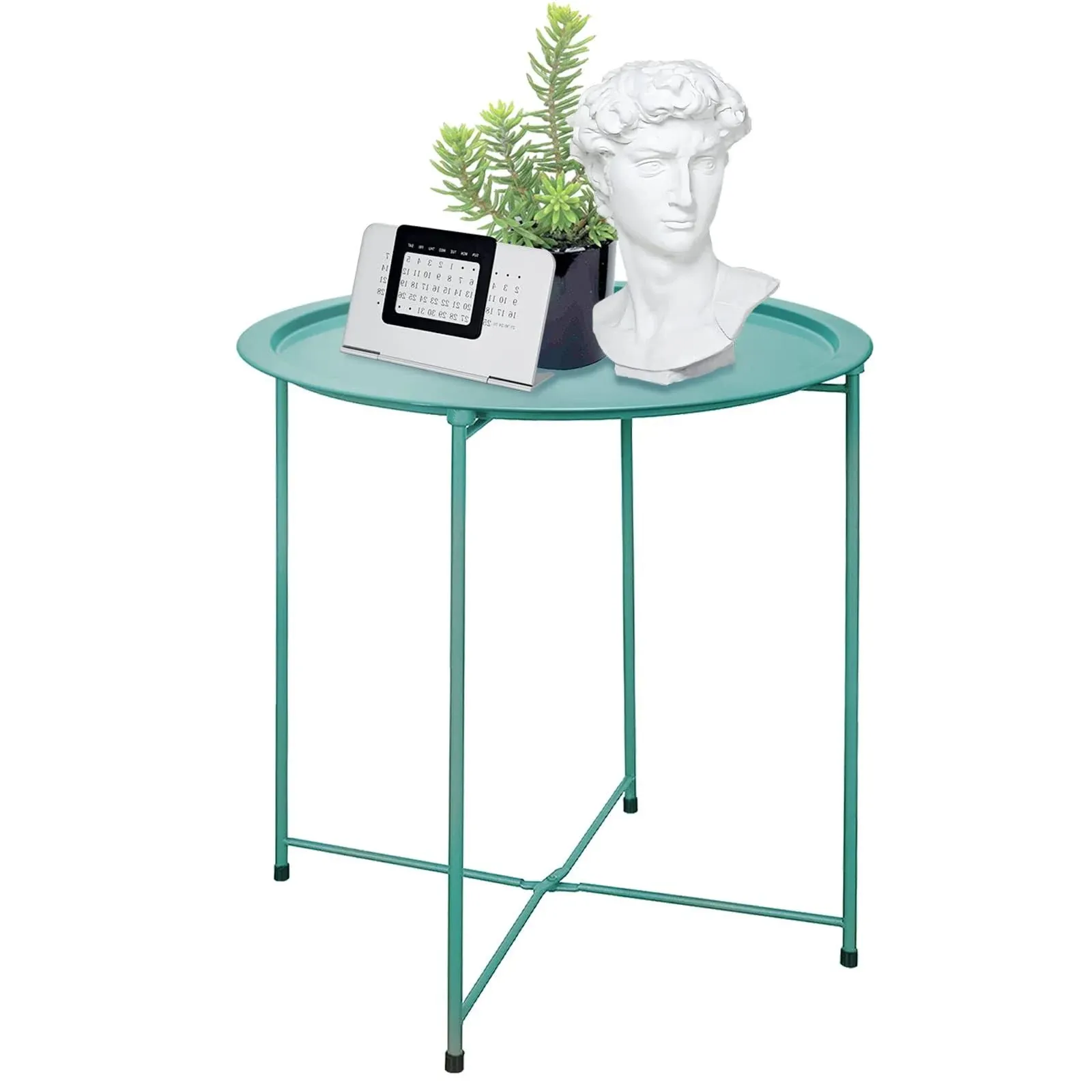 Folding Tray Metal Side Table Green Round End Cyan Sofa 1 PC, 