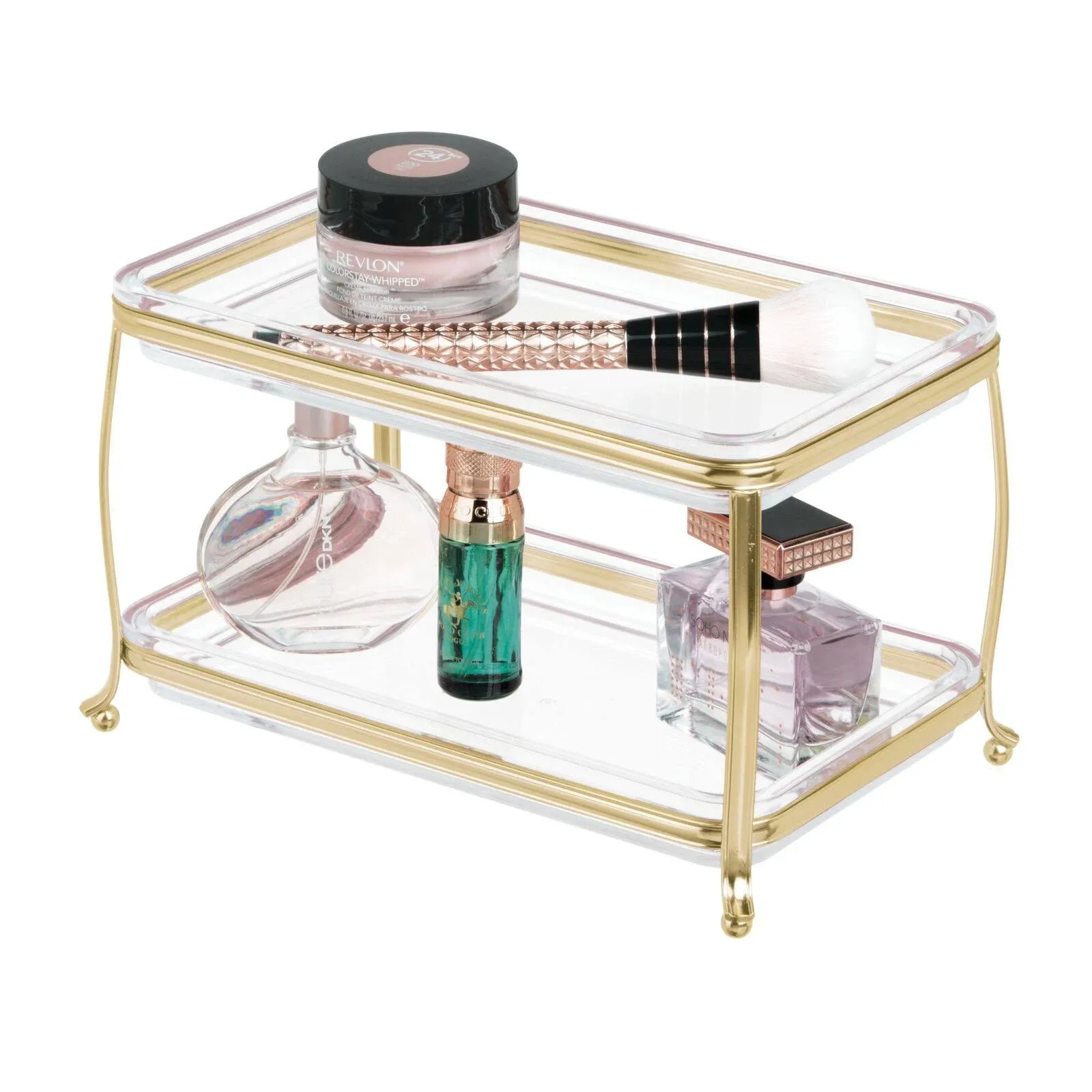 mDesign 2 Tier Bathroom Vanity Makeup Storage Organizer Tray - Soft Brass/Clear