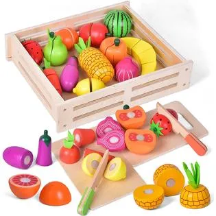 Fun Little Toys 35 Pcs Wooden Play Food for Kids Kitchen Pretend Cutting Food Toys Dishes and Knife for Boys Girls