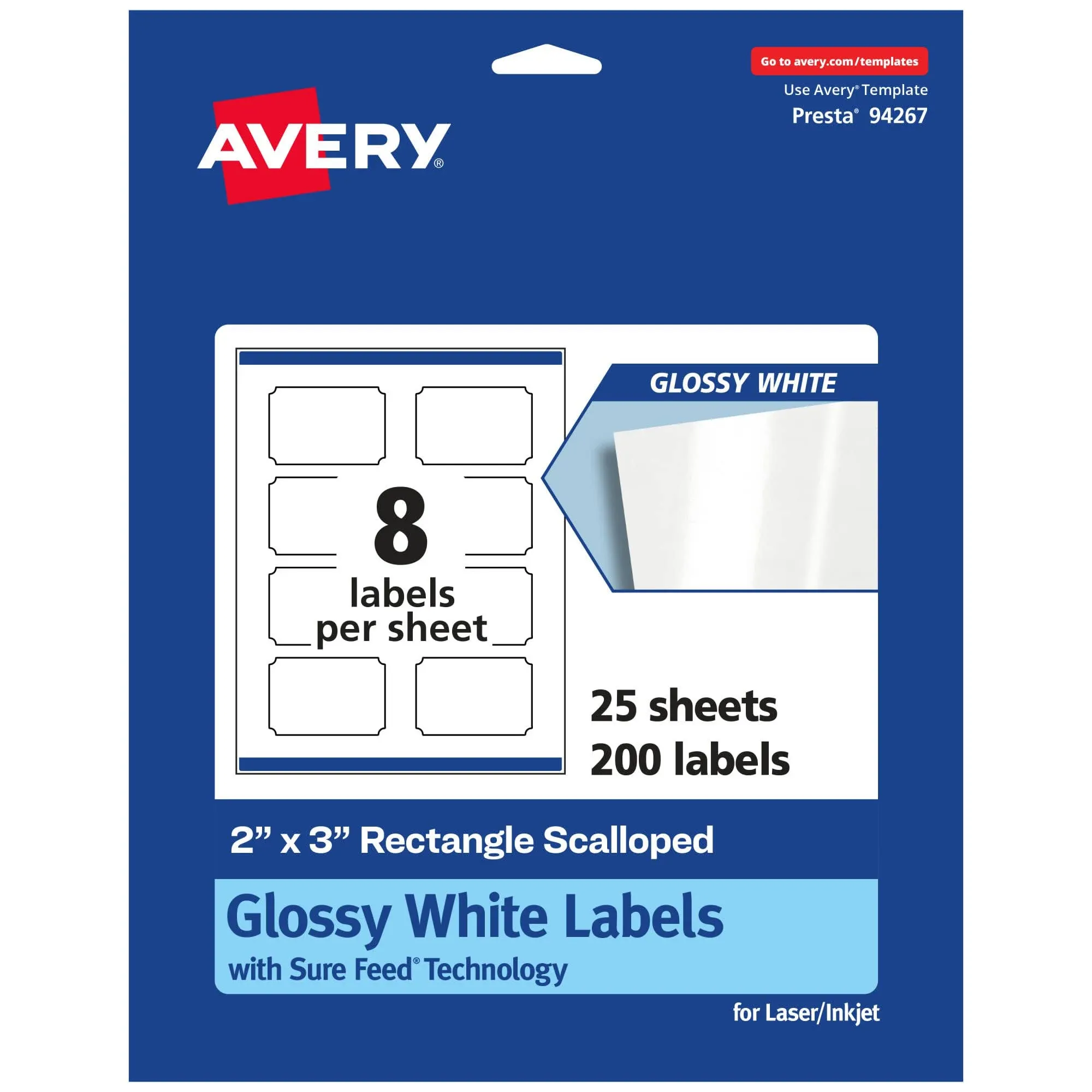 Avery Glossy White Rectangle Scalloped Labels with Sure Feed, 2" x 3", 200 Glossy ...