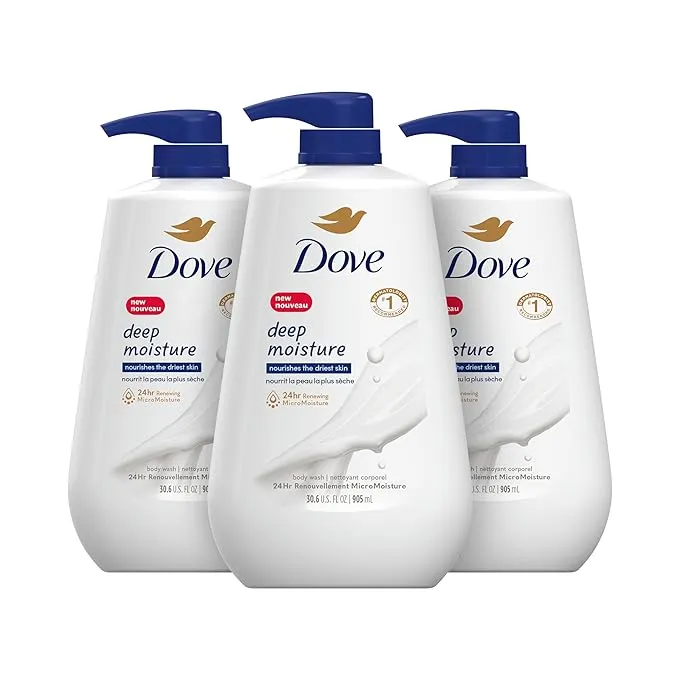 Dove Body Wash with Pump Deep Moisture For Dry Skin Moisturizing Skin Cleanser with 24hr Renewing MicroMoisture Nourishes The Driest Skin, 33.8 Fl Oz (Pack of 3)