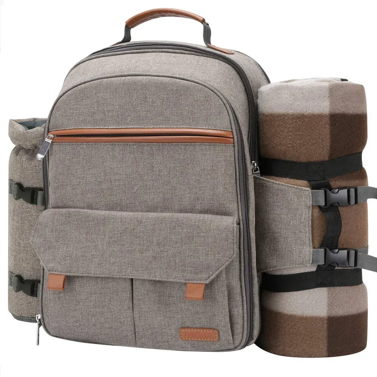 4-Person Picnic Backpack Set w/ Blanket &amp; Insulated Cooler - Brush Beige Storage