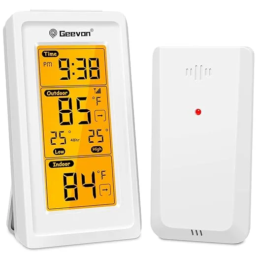 GEEVON Indoor Outdoor Thermometer Wireless Digital Thermometer Room Temperature Gauge with Time, High and Lows, 200ft/60m Range Temperature Monitor