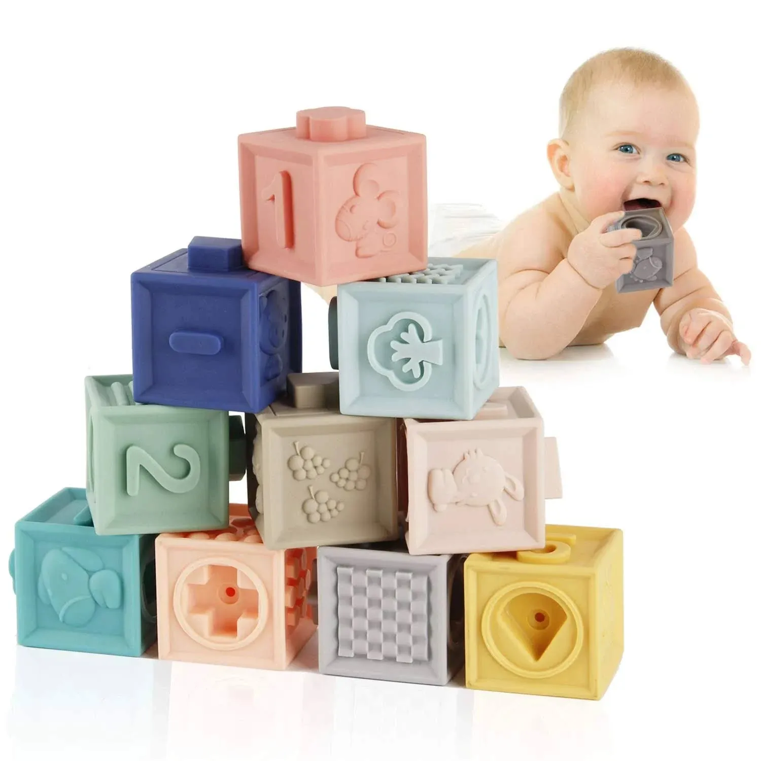 Mini Tudou Baby Blocks Soft Building Blocks Baby Toys Teethers Toy Educational Squeeze Play with Numbers Animals Shapes Textures 6 Months and Up 12PCS