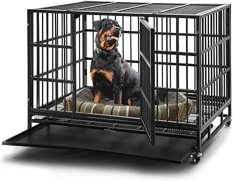 48 inch Heavy Duty Indestructible Dog Crate Steel Escape Proof, Indoor Double Door High Anxiety Cage, Kennel with Wheels, Removable Tray, Extra Large XL XXL