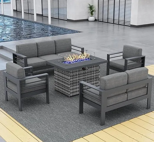 LayinSun Aluminum Furniture Set with Fire Pit Table, 5 Pieces Patio Sectional Conversation Chat Sofa Modern Seating Set