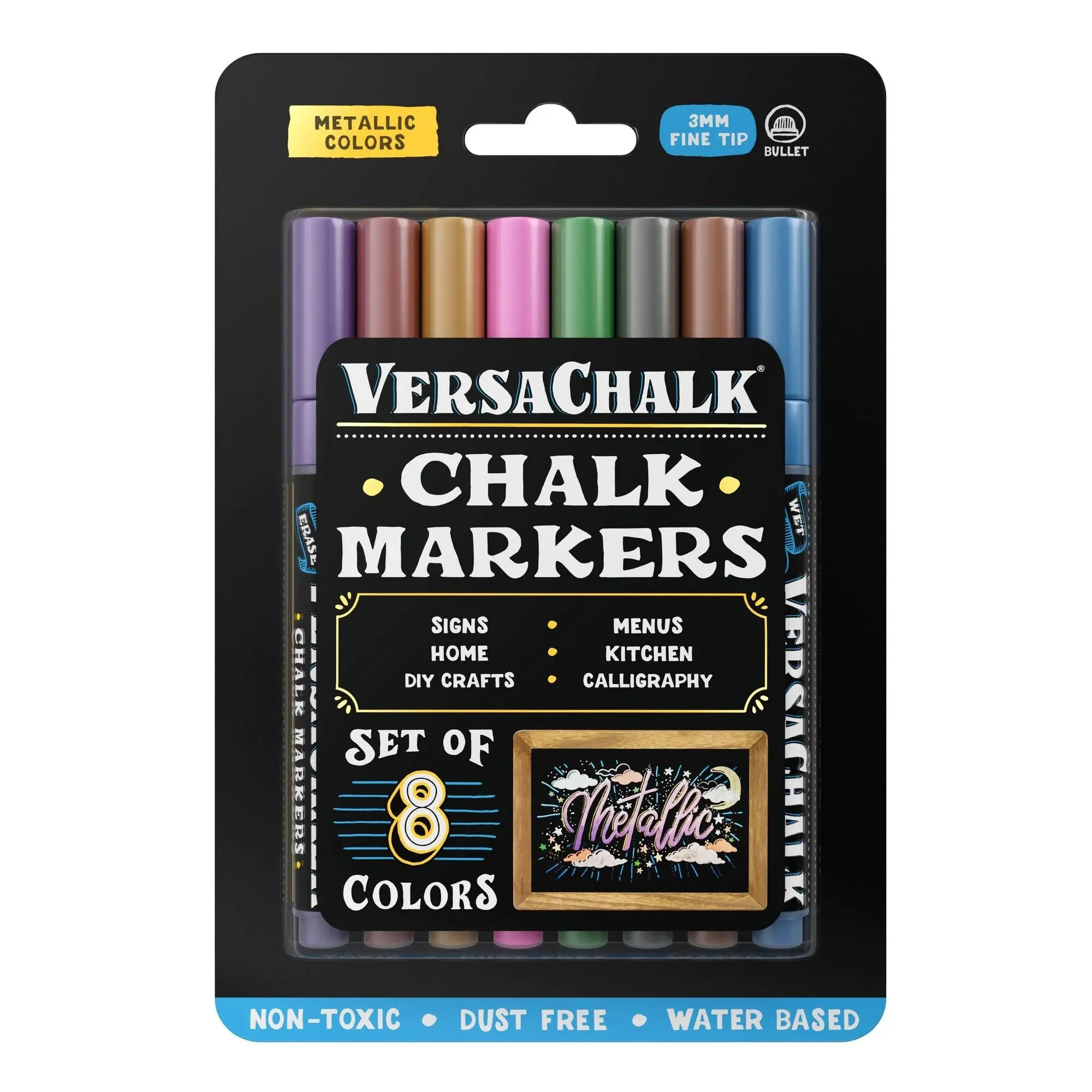 VersaChalk Chalk Markers For Chalkboard Liquid Metallic Chalk Pens, 8 Pack 3mm Fine Tip - Erasable, Washable Chalk markers in Metallic shades