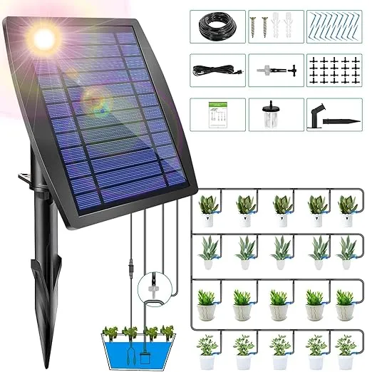 12 Timer Modes Solar Drip Irrigation System - Auto Drip Irrigation Kits with Anti-Siphon Supports 20-30 Pots, Solar Powered Garden Watering System for Indoor & Outdoor Plants, 3W, 65.6 FT