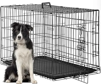 FDW Dog Crate Dog Cage Pet Crate for Large Dogs Folding Metal Pet Cage Double Door w/Divider Panel Indoor Outdoor Dog Kennel Leak-Proof Plastic Tray