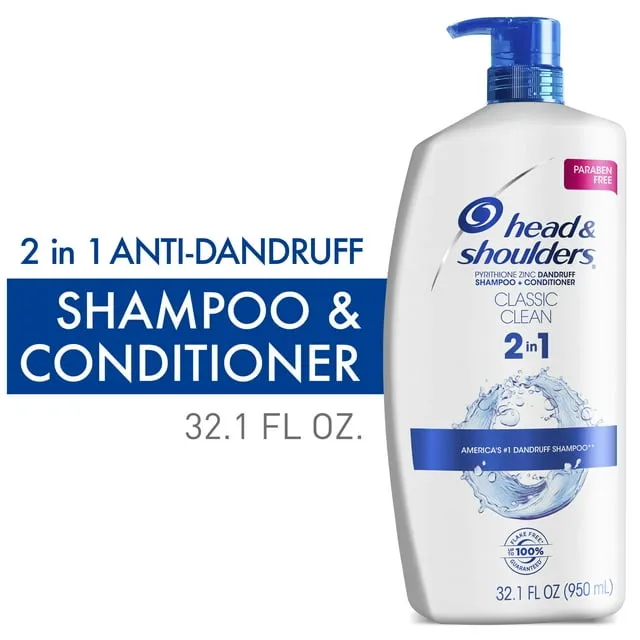 Head and Shoulders Shampoo and Conditioner 2 in 1, Anti Dandruff Treatment & Scalp Care, Classic Clean Scent, for All Hair Types including Color Treated, Curly or Textured Hair, 32.1 fl oz, Twin Pack