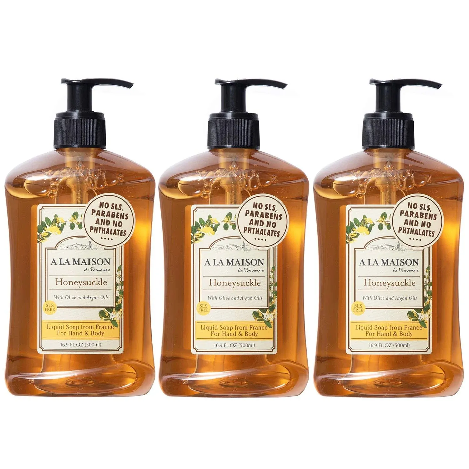 A LA MAISON Honeysuckle Liquid Hand Soap - Triple French Milled Natural Moisturizing Soap (3 Pack, 16.9 oz Bottle)