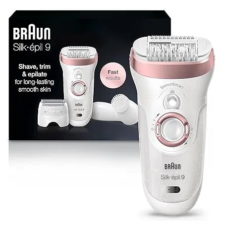 Braun Epilator Silk-pil 9 9-880, Facial Hair Removal for Women, Wet & Dry, Facial Cleansing Brush, Women Shaver & Trimmer, Cordless, Rechargeable, Be