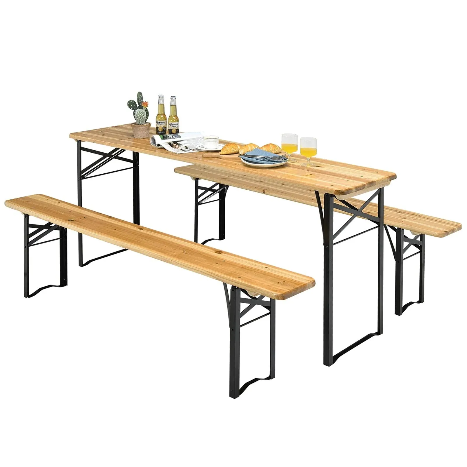 3 PCS Table Bench Set Folding Wooden Top Picnic Beer Table Patio Garden