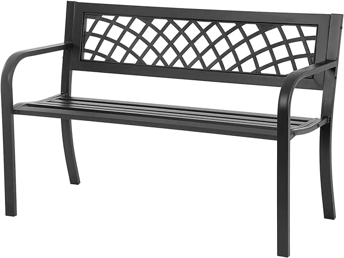 Garden Bench,Outdoor Benches,Iron Steel Frame Patio Bench with Mesh Pattern and Plastic Backrest Armrests for Lawn Yard Porch Work Entryway,Black