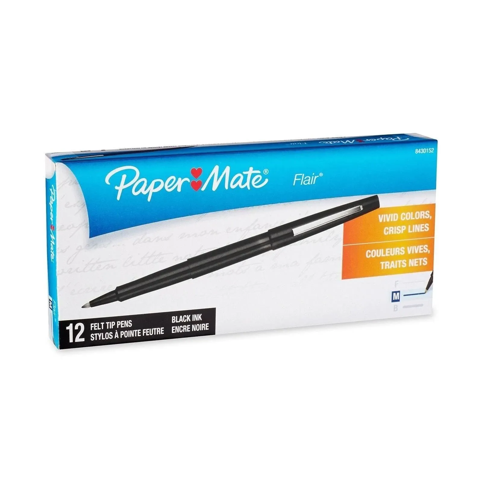 Paper Mate Point Guard Flair Felt Tip Porous Point Pen, Stick, Medium 0.7 mm, Black Ink, Black Barrel, Dozen