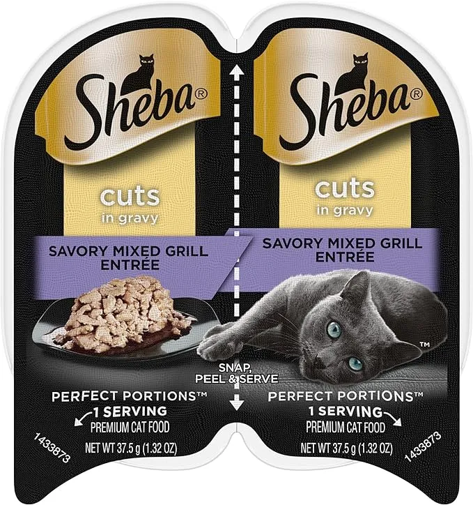 SHEBA PERFECT PORTIONS Cuts in Gravy Wet Cat Food Trays (24 Count, 48 Servings), Mixed Grill Entrée, Easy Peel Twin-Pack Trays, 2.6 Ounce (Pack of 24)SHEBA PERFECT PORTIONS Cuts in Gravy Wet Cat Food…