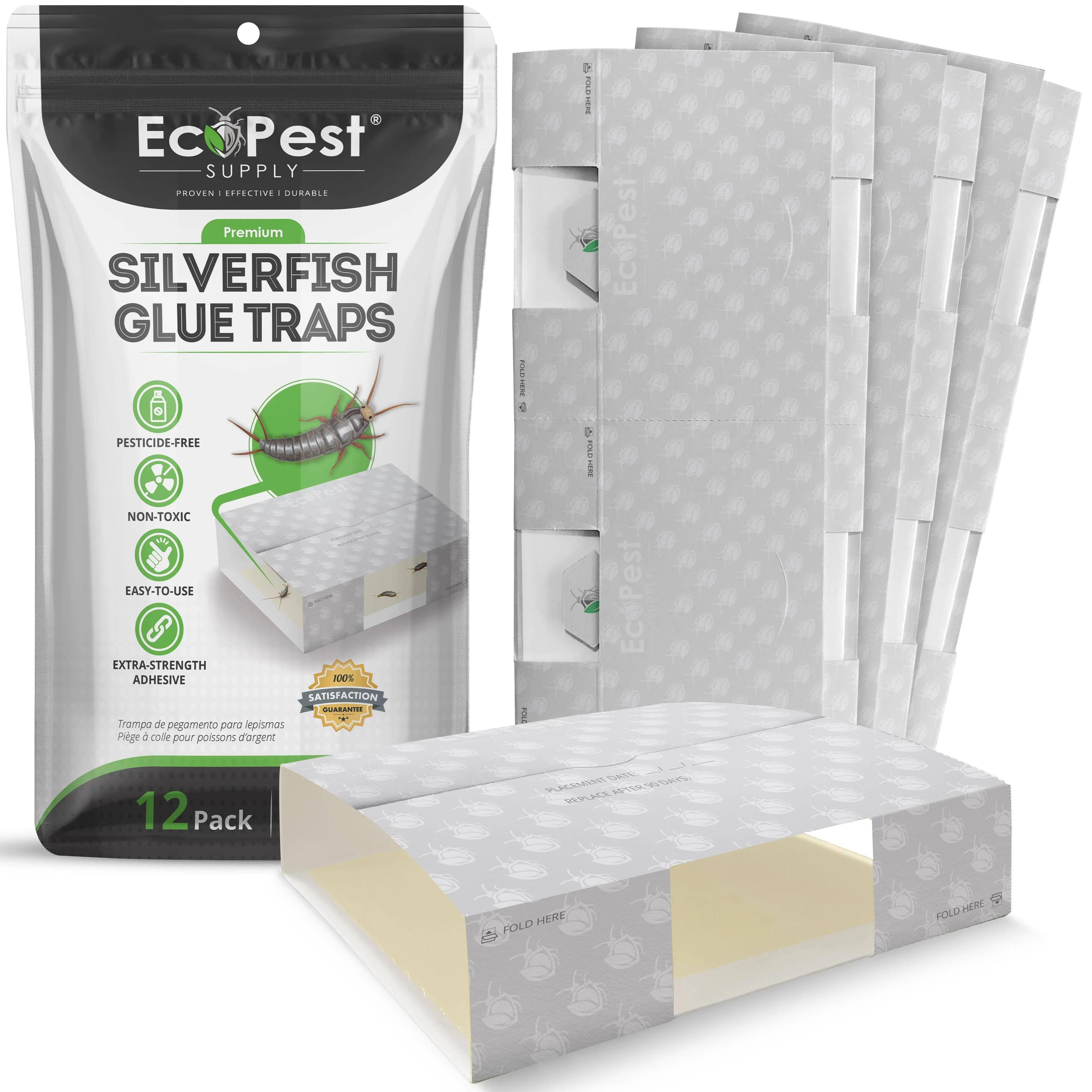 Silverfish Trap — 12 Pack | Sticky Indoor Glue Trap for Silverfish, Firebrat, and Other Bugs and Crawling Insects | Adhesive Silverfish Killer Paks, Monitor, and Detector with Natural Bait Attractant