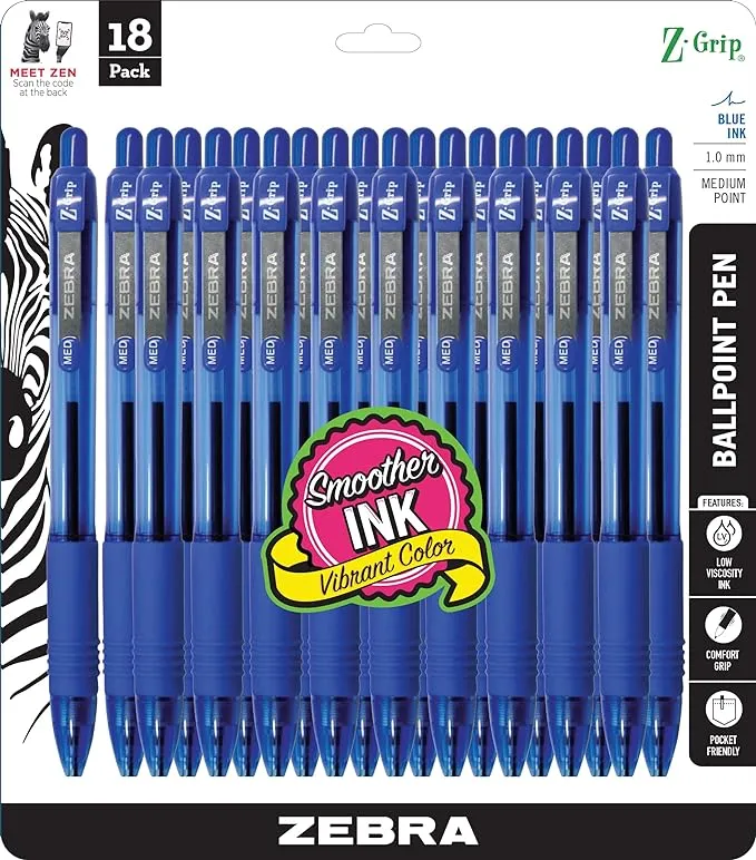 Zebra Pen Z-Grip Retractable Ballpoint Pen, Medium Point, 1.0mm, Blue Ink, 48-Count