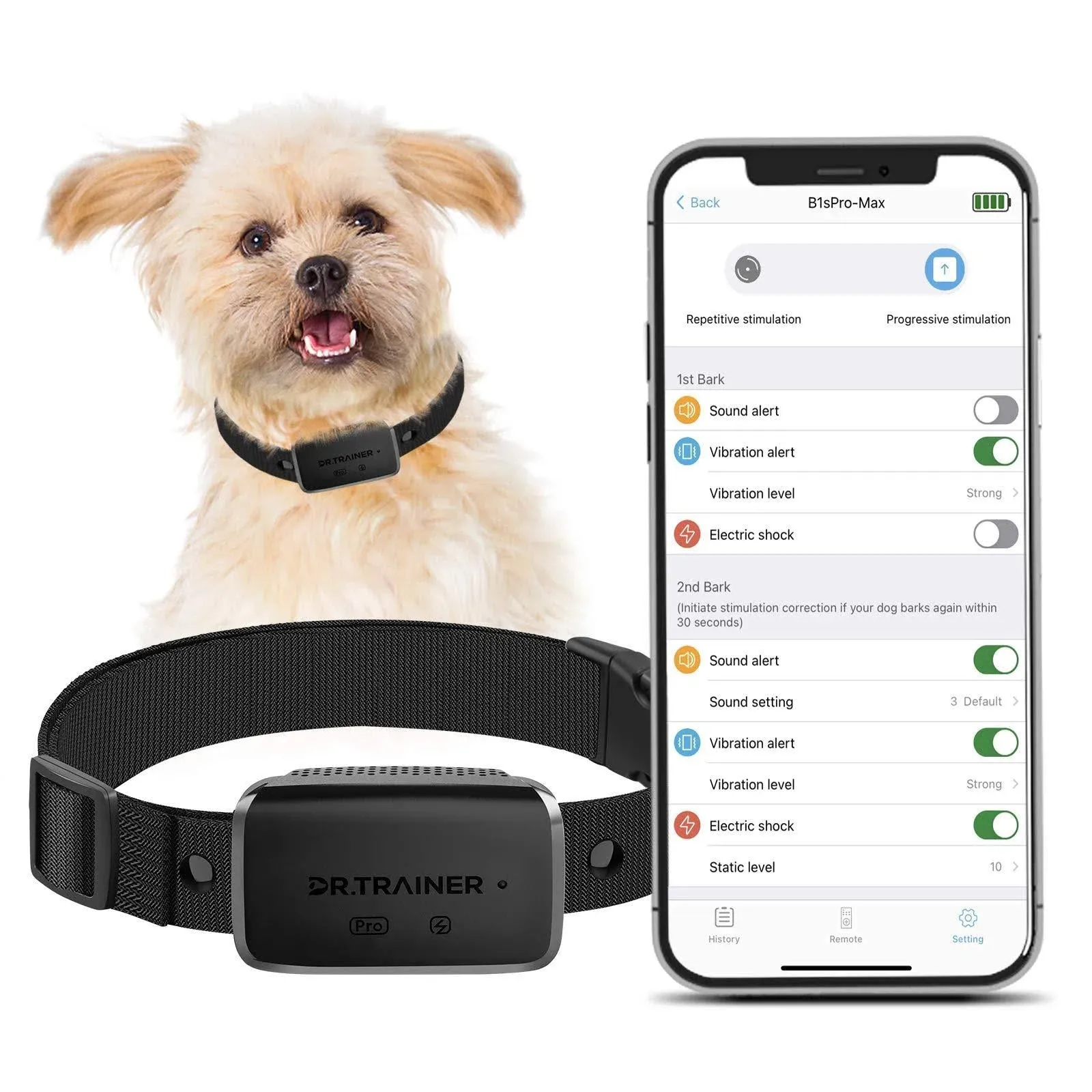 B1sPro Bark Collar APP&Watch Control, IP68 Waterproof Dog Training Collar with Smart Progressive Correction & Barking Report & Custom Sound, 0~99 Static Level Rechargeable Anti Bark Collar