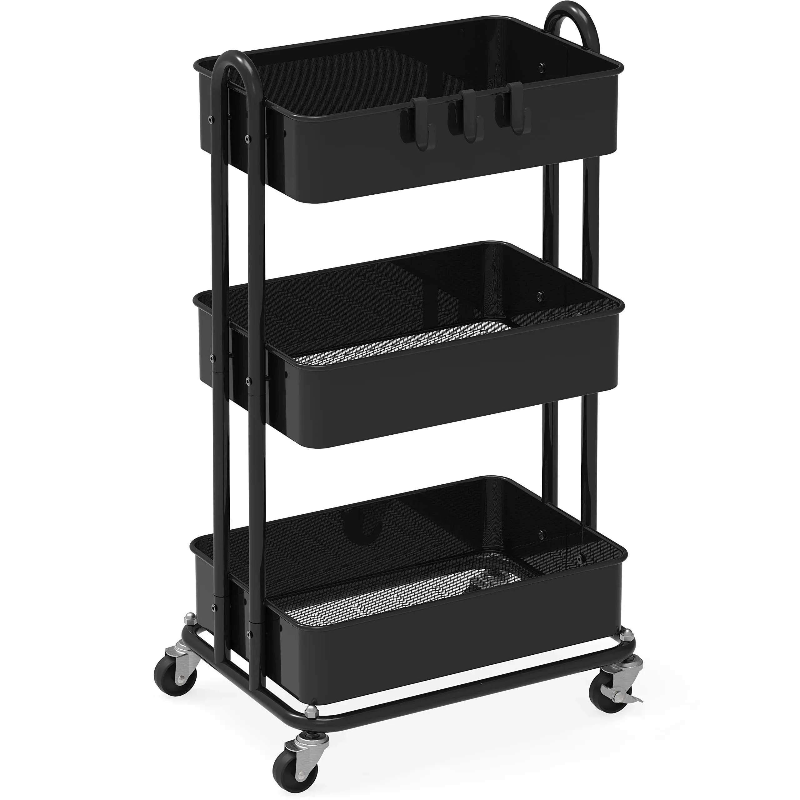 SONGMICS 3-Tier Metal Rolling Cart with Adjustable Shelves, Black