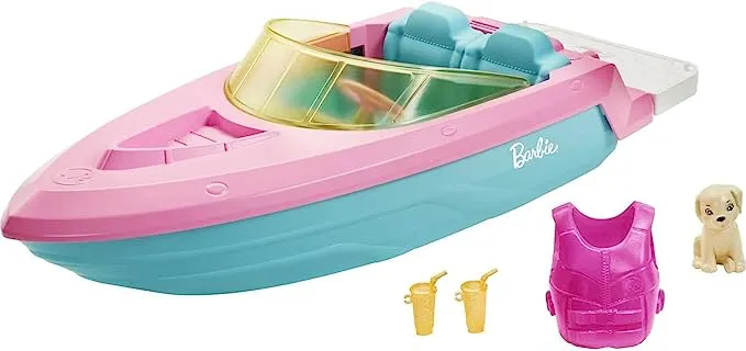 Barbie Toy Boat with Pet Puppy, Life Vest and Beverage Accessories, Fits 3 Dolls and Floats in Water