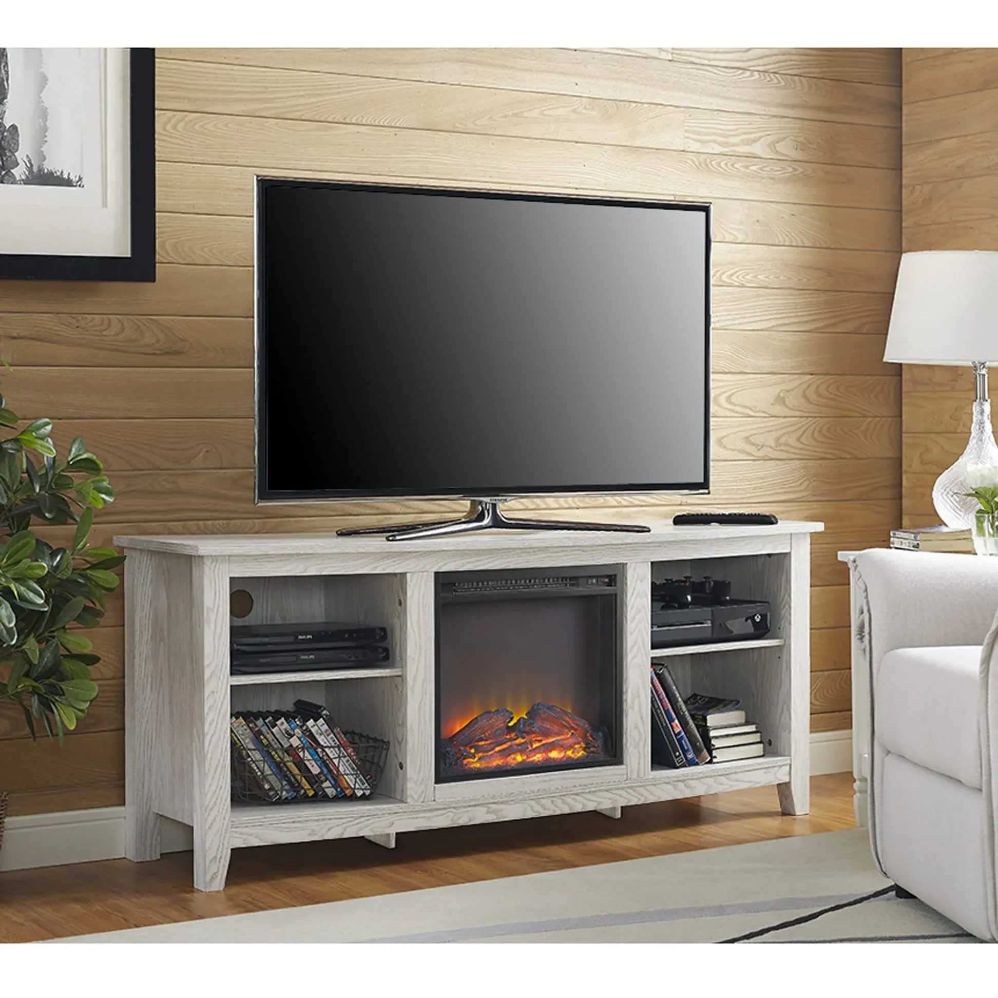 Walker Edison 58" White Wood Fireplace TV Stand W58FP18WW