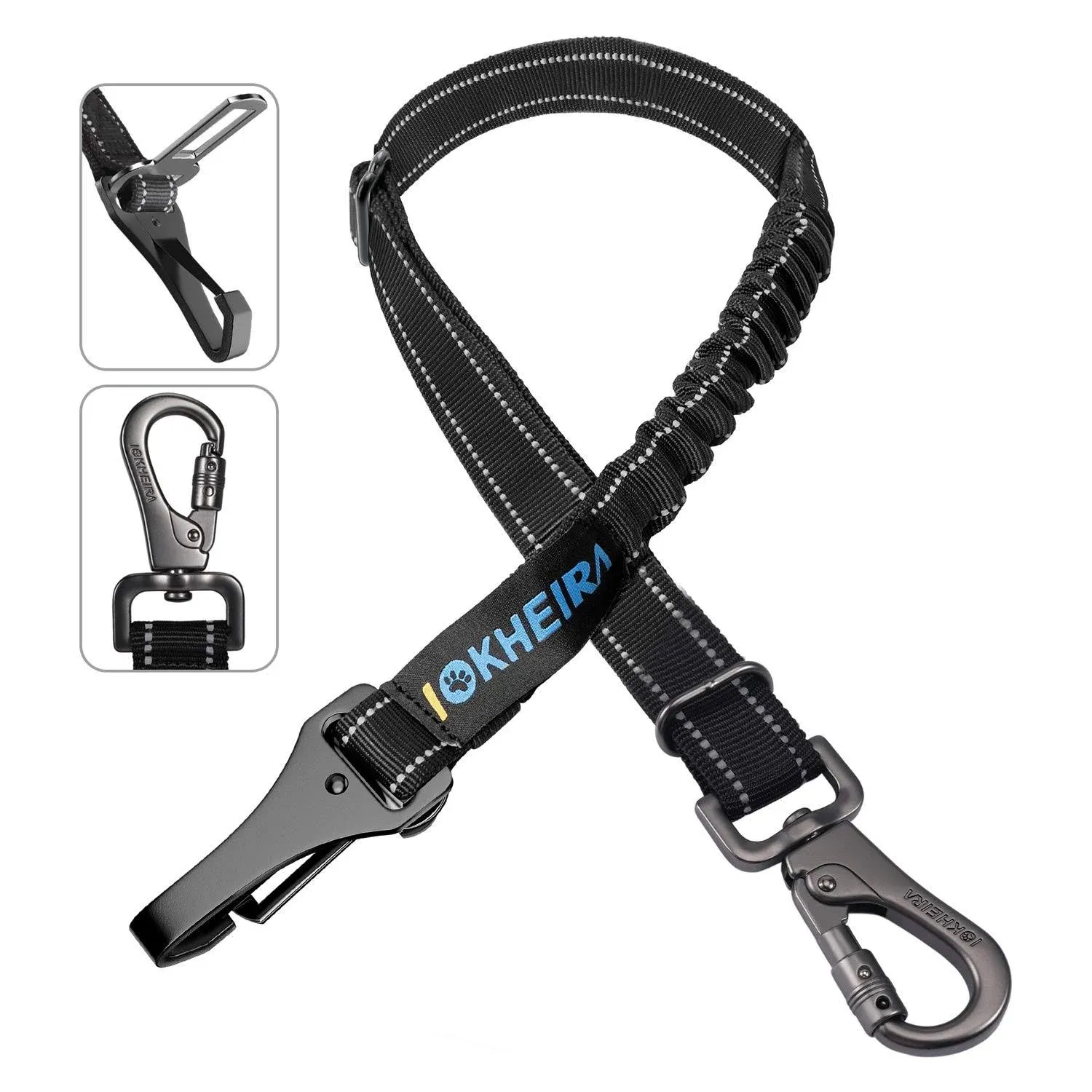 IOKHEIRA Dog Seatbelt, Updated Adjustable Harness Reflective Bungee Dog Car Seat Belt with Aviation Aluminum Alloy Rotatable Carabiner, Hook & Buckle