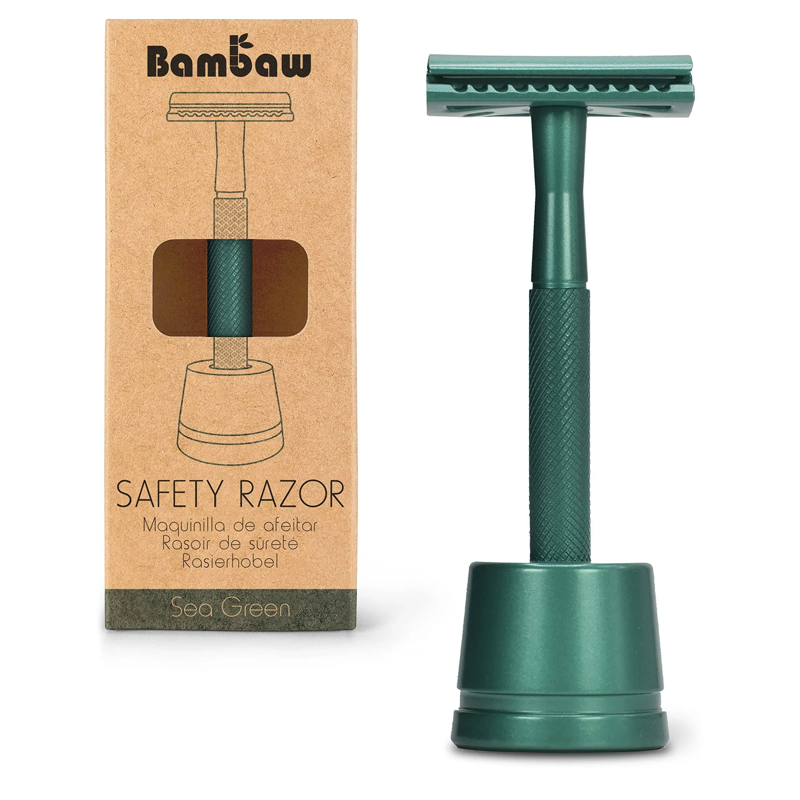 Metal Razor with Safety Razor Holder, Safety Razor with Stand, Wet Razor Men and Women, Body Razor for Men and Women, Safety Razor Zero Waste, Emerald Green Bambaw