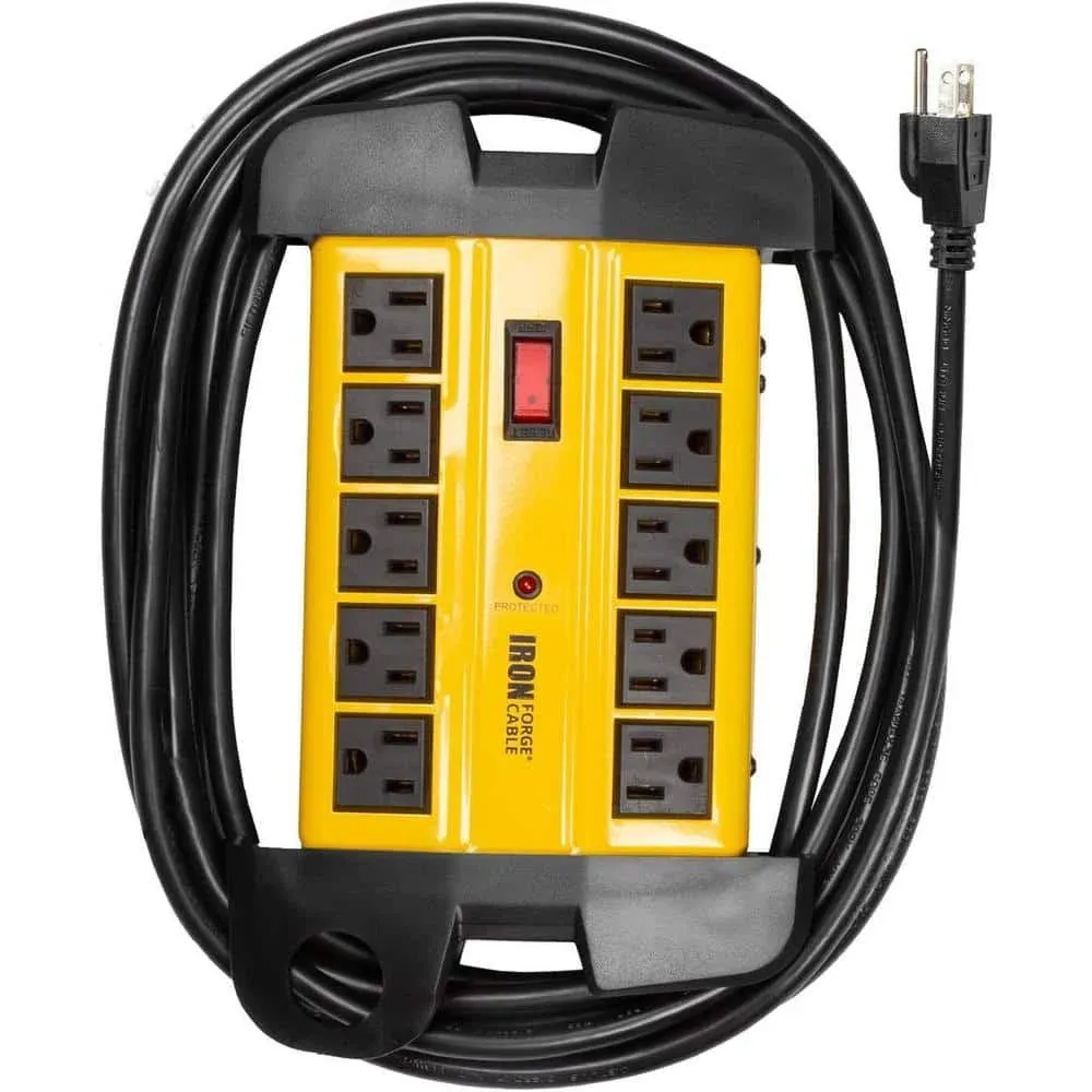 Iron Forge Cable 10 Outlet Heavy Duty Surge Protector Power Strip with Built-in Circuit Breaker, 14/3 SJT Industrial Black & Yellow Metal Surge Suppressor with 15 ft Long Extension Cord, ETL Certified