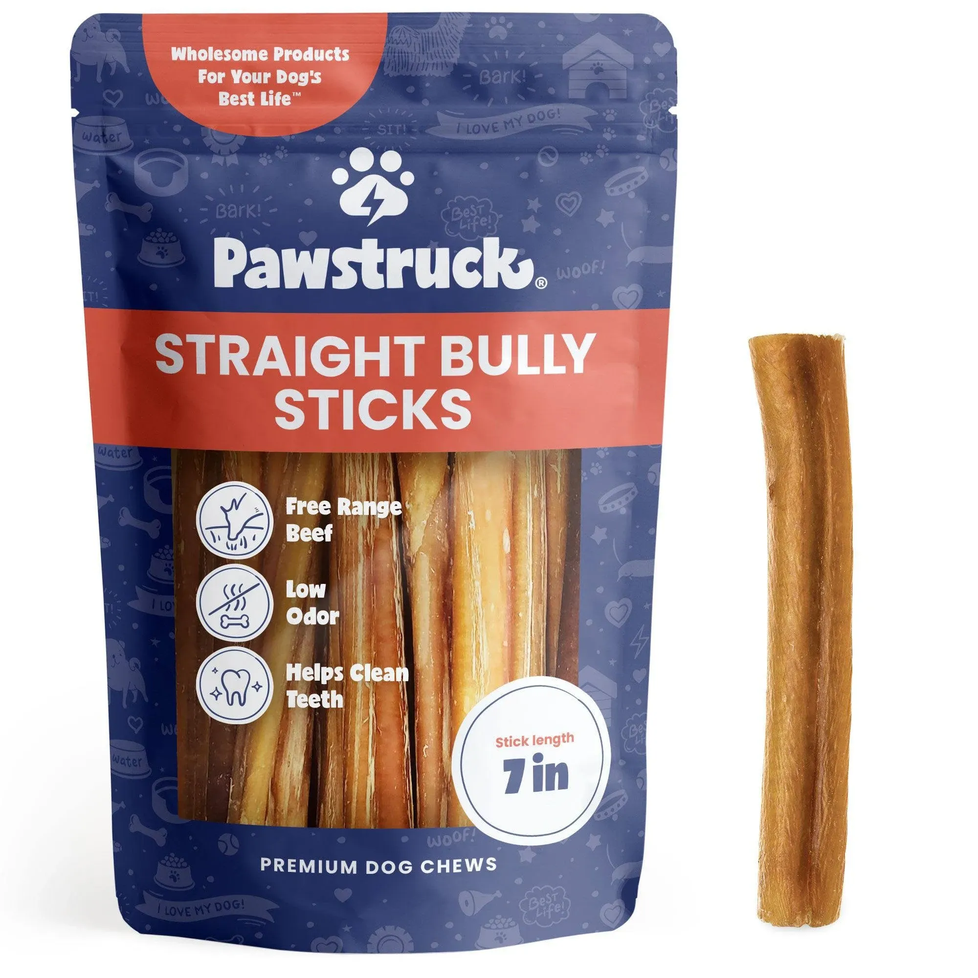 Pawstruck All-Natural 7" Bully Sticks for Dogs - Best Long Lasting, Rawhide Free, Low Odor & Grain Free Dental Chew Treat - Healthy Single