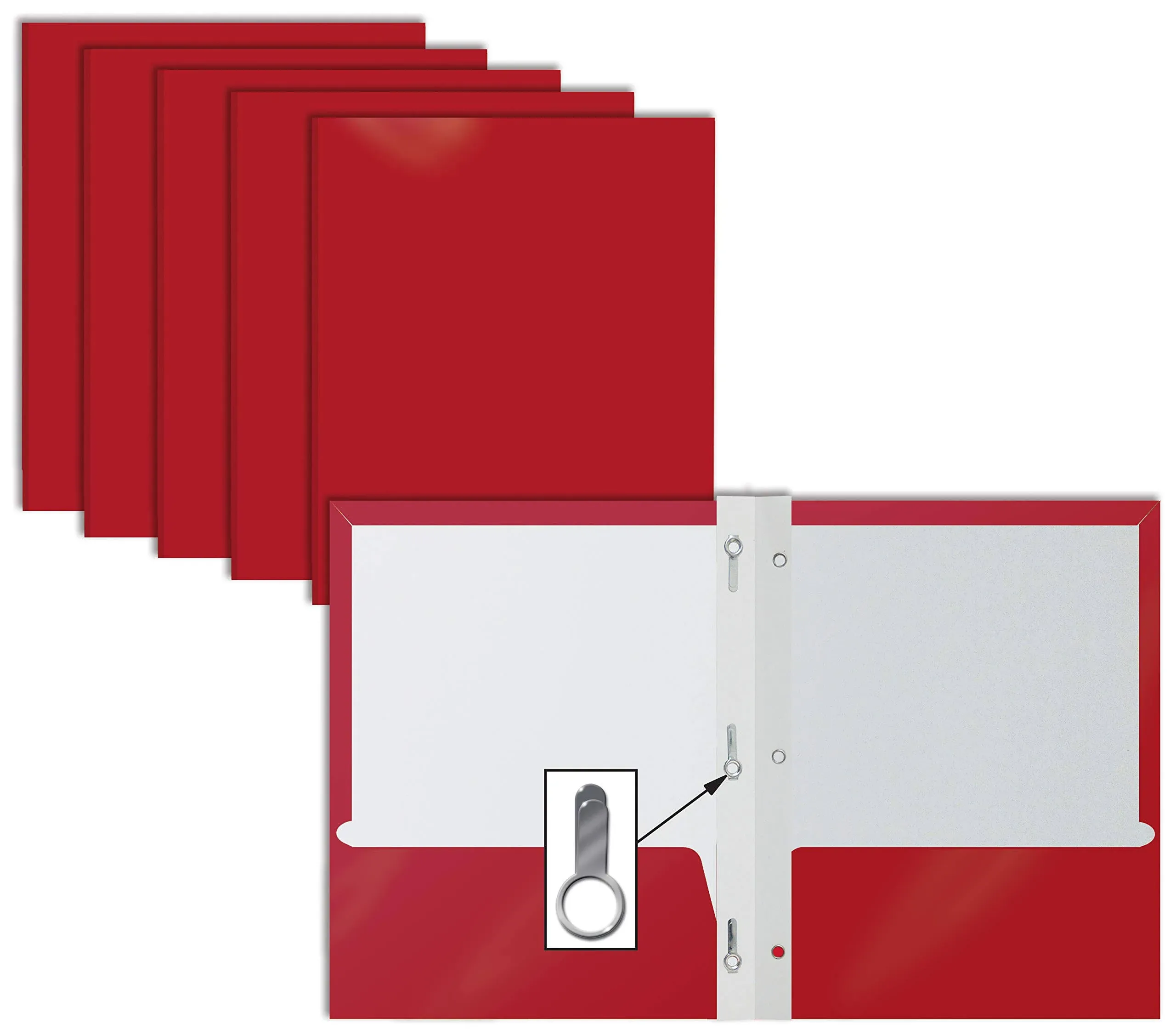 2 Pocket Glossy Laminated Paper Folders Portfolio With Prongs, Letter Size, Red, 25PK